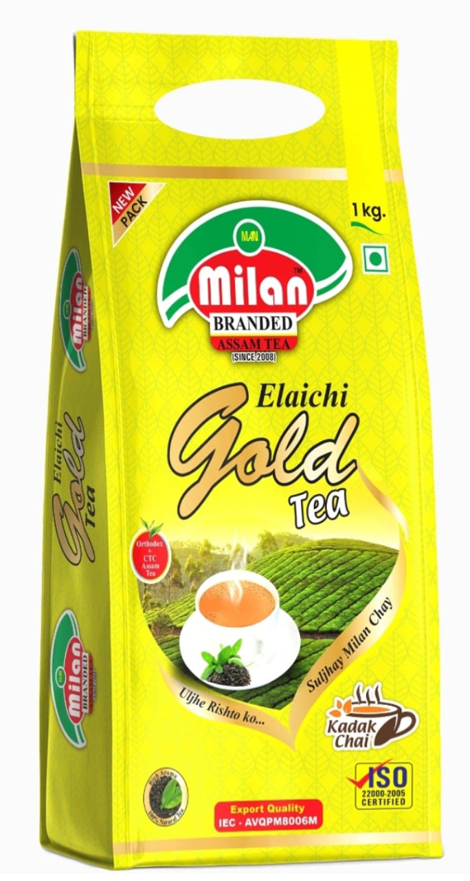 Milan Elaichi Gold Assam Tea – 1kg | Premium CTC & Orthodox Blend | Branded Assam Tea Since 2008 | Kadak Chai with Natural Elaichi Flavor | Export Quality (ISO 22000:2005 Certified)
