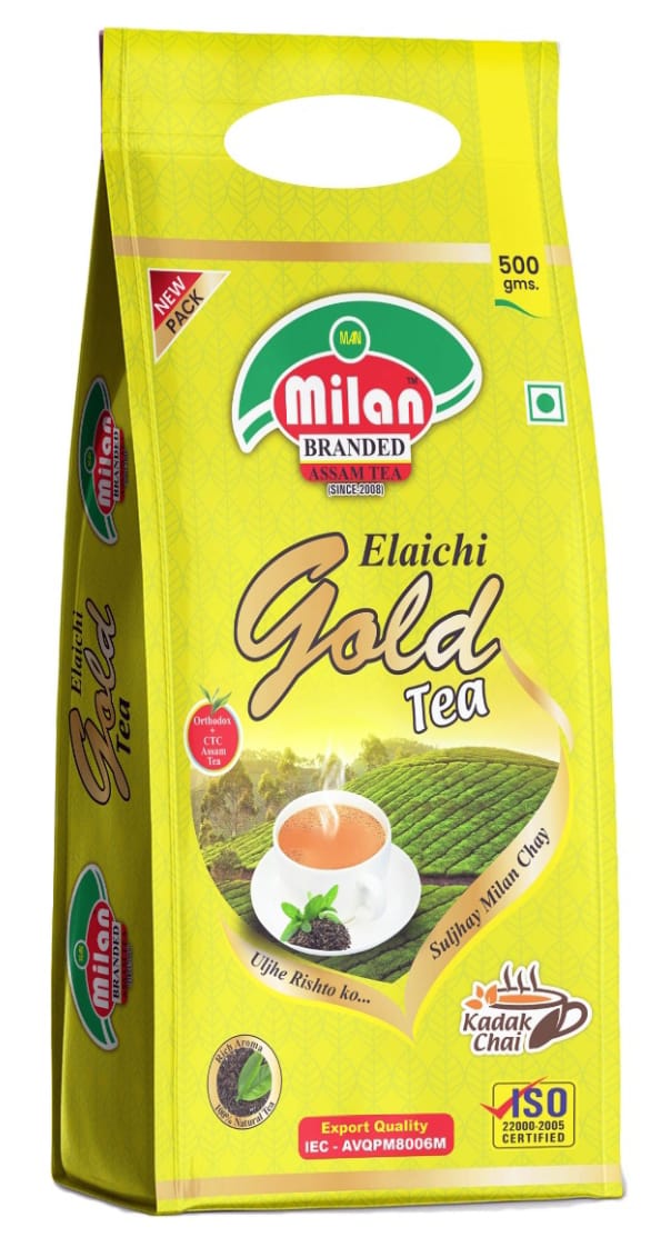 Milan Elaichi Gold Assam Tea – 500g | Premium CTC & Orthodox Blend | Branded Assam Tea Since 2008 | Kadak Chai with Natural Elaichi Flavor | Export Quality (ISO 22000:2005 Certified)